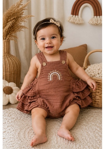 Mnk Baby & Kids Gökkuşağı Detaylı %100 Pamuk Müslin Bebek Tulum M00852 Kahverengi
