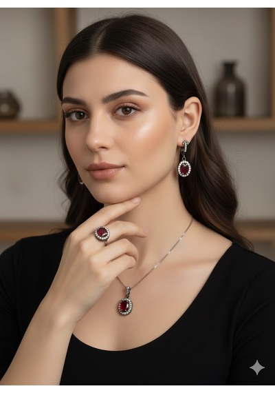 Yakut Taşlı Ve Zirkon Süslemeli Gümüş Set Bronz