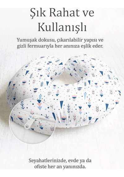 Nordik Geometrik Pamuklu Boyun Yastığı - Pastel Mavi Ağaç Desenli Yumuşak Seyahat Yastığı Koyu Sisli Yanık Turuncu