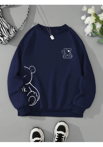 Startmore Lacivert Unisex Erkek/kadın Ok Bear Özel Renkli Baskılı Oversize Pamuklu Bisiklet Yaka