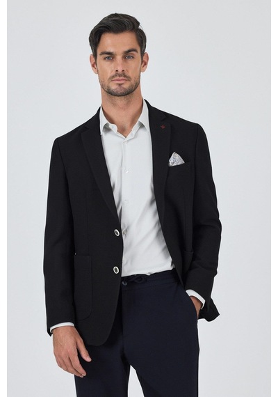 İmza Siyah Mono Yaka Gofreli Esnek 6 Drop Slim Fit Casual Ceket 1002250125 Siyah