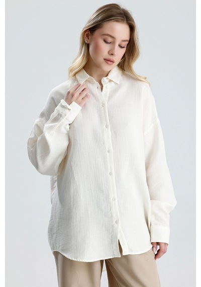 Manche Yıkamalı %100 Pamuk Müslin Oversize Gömlek - Ekru Mks165030-01