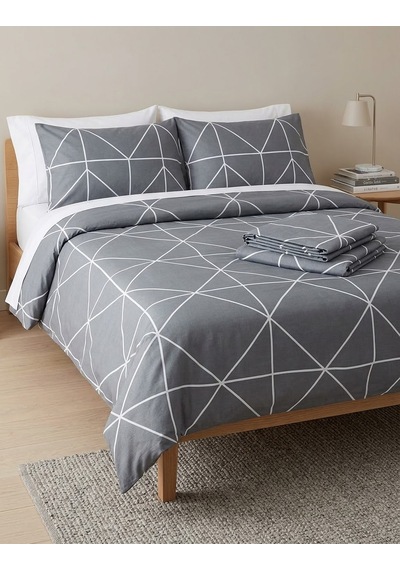 Çift Kişilik Pamuklu Nevresim Takımı - Gri Geometrik Desenli Modern Yatak Örtüsü Seti Çok Renkli