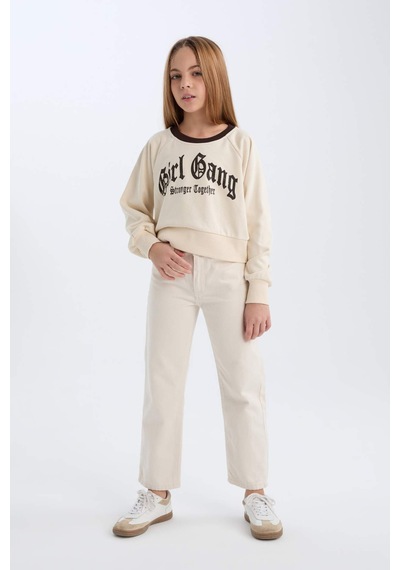 DeFacto Kız Çocuk Relax Fit Bisiklet Yaka Baskılı İçi Yumuşak Tüylü Sweatshirt D7042A824WNBG734 Bej