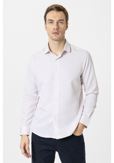 Süvari Bej Slim Fit Armürlü Klasik Yaka Gömlek