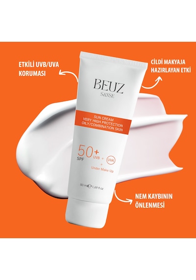 Beuz Sanse Yağlı ve Karma Ciltler için Çok Yüksek Korumalı Güneş Kremi & Makyaj Bazı SPF50+ 50 ML