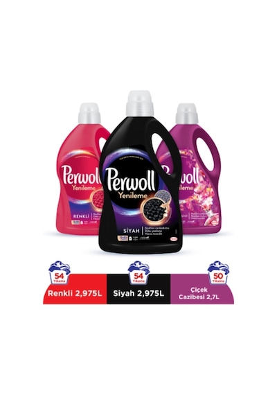 Perwoll Hassas Bakım Sıvı Çamaşır Deterjanı Siyah 2970 ML + Renkli 2970 ML + Çiçek Cazibesi 2700 ML