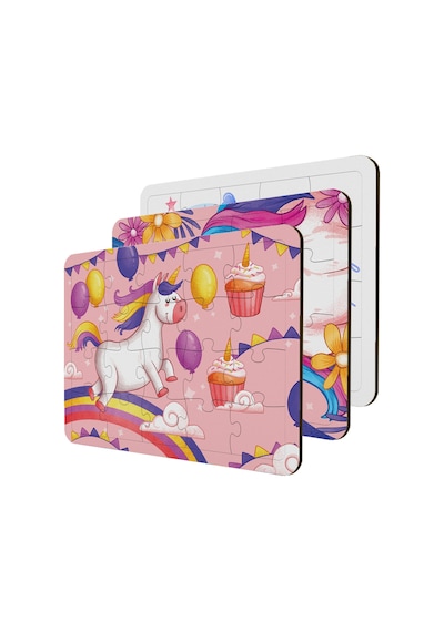 Çocuklar Için Ahşap Puzzle 3'Lü Set Unicorn Temalı