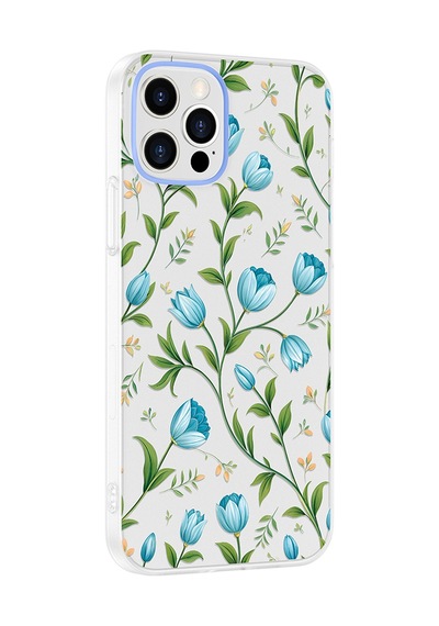 iPhone 12 Kılıf Kamera Korumalı Desenli Zore Klip Kapak - Mavi Lale -