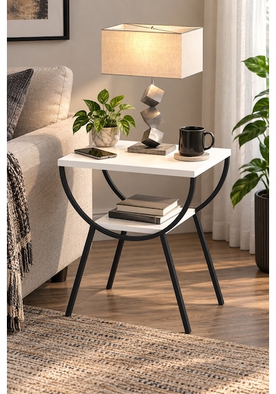 Sulorahome Metal Ayaklı Çift Raflı Beyaz Yan Sehpa Ve Komodin Beyaz - Siyah