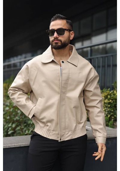 Yeni Sezon Dokulu Oversize Bol Kalıp Bomber Ceket Krem Karbon Deri