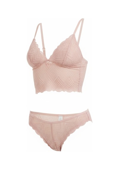 Dantel Detaylı Esnek Bralet & Slip Takımı Pembe