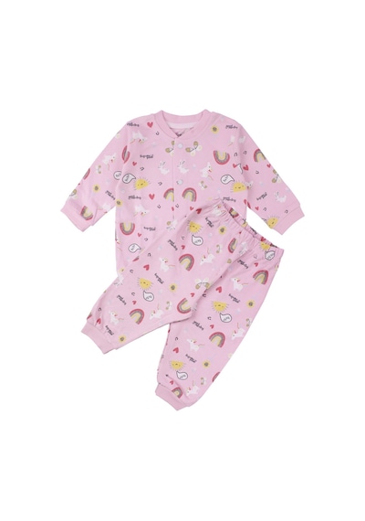 Bebegen Kız Bebek Pembe Renkli Güneş Gökkuşağı Desenli Çıtçıtlı Pijama Takımı Çok Renkli