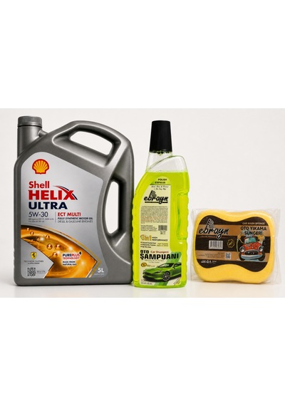 Shell Helix Ultra 5W-30 Ect Multi Motor Yağı 5 L + Oto Şampuan 1000 ML + Yıkama Süngeri