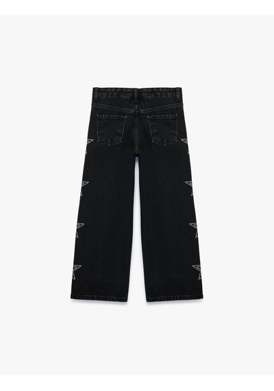 Koton Pamuklu Yıldız Desenli Geniş Paça Denim Pantolon Siyah 7wkg40030ad