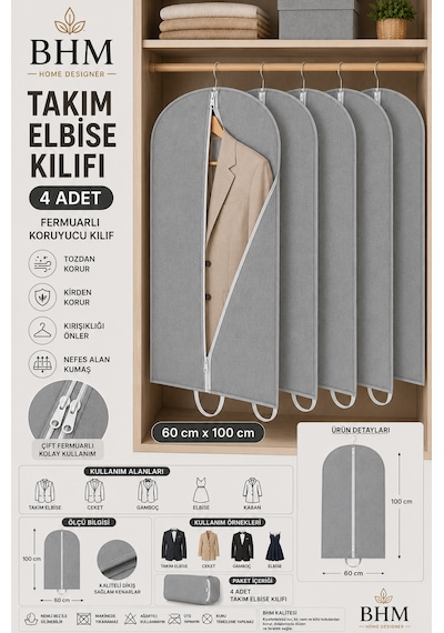 4'lü Takım Elbise Kılıfı 60x100 Cm Çift Fermuarlı Gamboç Elbise Kılıfı Kıyafet Koruyucu Toz Geçirmez Dolap Düzenleyici Gri
