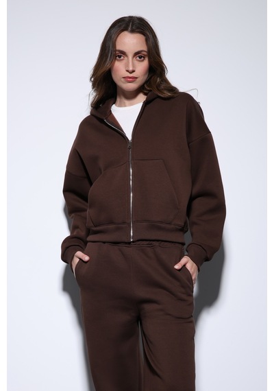 Antioch Fermuarlı Kapüşonlu Kadın Sweatshirt Kahve