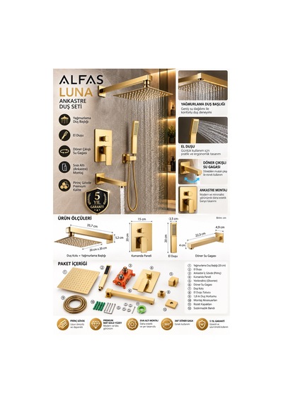 Alfas Luna Ankastre Gömme Duş Seti Yağmurlama El Duşlu Sıva Altı Döner Banyo Bataryası Mat Gold Altın