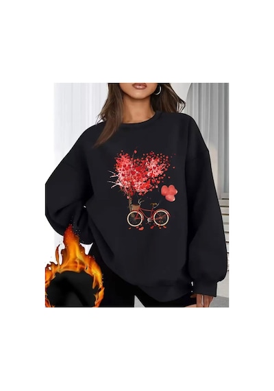 Herkesemoda Bisiklet Kalpler Baskı Detaylı Bisiklet Yaka Sweatshirt Siyah