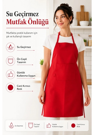 Su Geçirmez Kırmızı Mutfak Önlüğü Ön Cepli, Bağlamalı, Unisex Aşçı Ve Yemek Önlüğü