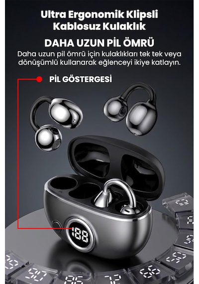 Klipsli Bluetooth Kulaklık Kablosuz Anc Enc Çift Mic. Led Gösterge Küpe Kulaklık - Siyah