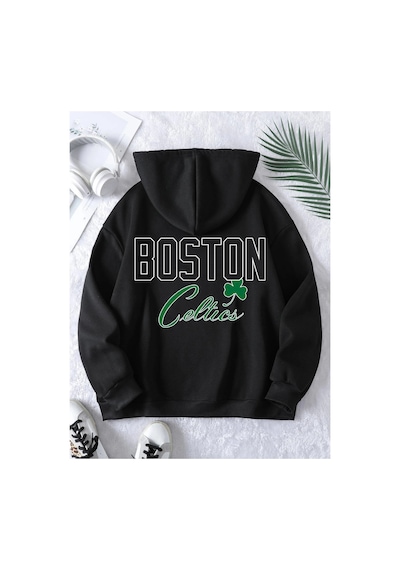 Tarzsokak Boston Renkli Baskılı Oversize Kapüşonlu Sweatshirt Siyah