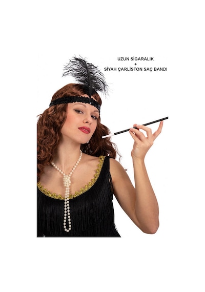 1920&amp 39 Ler - 738 - Gatsby Aksesuar Seti Siyah Charleston Saç Bandı - Kmrsfres - &amp Sigaralık