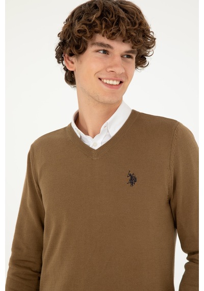 U.S. Polo Assn. Erkek Slim Fit V Yaka Haki Melanj Basic Kazak 50293512-VR125
