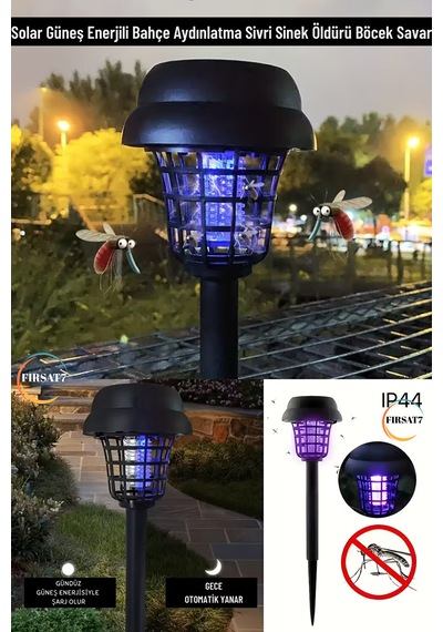 2 Adet 2'si 1 Arada Solar Şarjlı Uv Işıklı Sinek Öldürücü + Bahçe Aydınlatma Süs Işığı & Toprağa Saplamalı