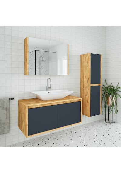 Banos Roomart Lavabolu Ahşap-Antrasit 100Cm Banyo Dolabı+Aynalı+B Antrasit
