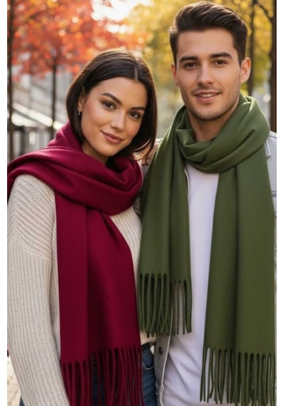 Tezzgelsin Unisex Yumuşak Dokulu Püsküllü Kışlık Buklet Atkı Şal 2'li Set Bordo - Yeşil