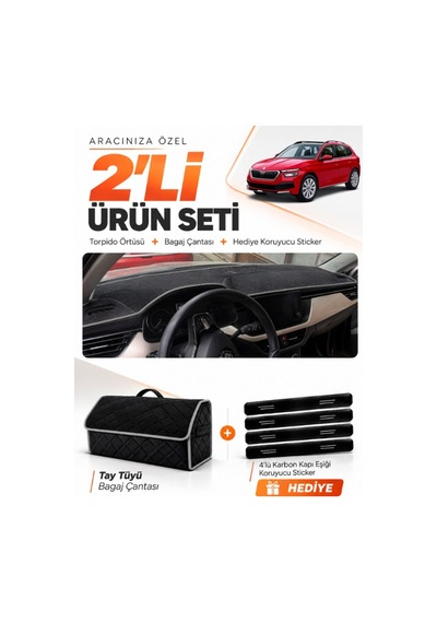 E-biz Skoda Kamıq 2020-2025 Uyumlu Torpido Örtüsü + Tay Tüyü Bagaj Çantası - Siyah-gri - Sk005