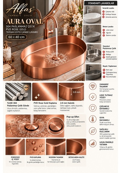 Alfas Aura Oval 60 Cm Pvd Rose Gold Tezgah Üstü Çanak Lavabo 304 Paslanmaz Çelik 2.0mm