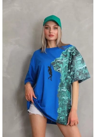 Unisex Bisiklet Yaka Baskılı Oversize T-shirt - Mavi Mavi