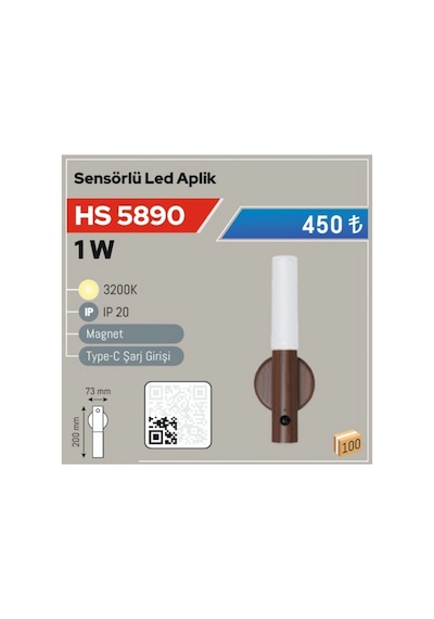 1w Magnetli Sensörlü Led Aplik Hs-5890 Kablosuz Duvar Lambası Gün Işığı Beyaz
