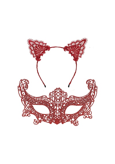 Romantik Kırmızı Dantel Maske Seti Kedi Kulaklı Taç Ve Maske 3 No Yetişkin
