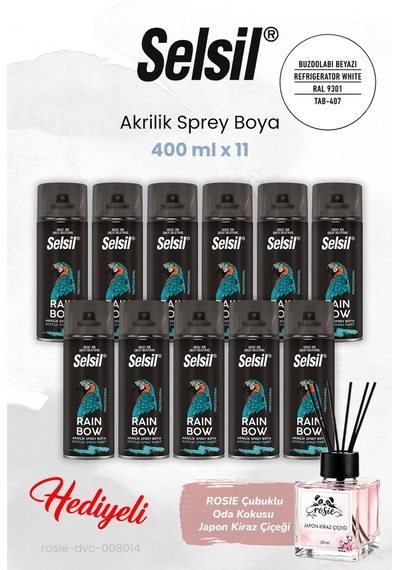 11 Adet Selsil Buzdolabı Beyazı Akrilik Sprey Boya 400 Ml, Rosıe Oda Kokusu Beyaz