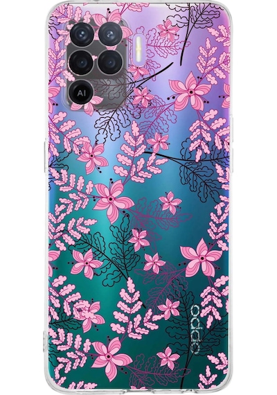 Oppo A94 Uyumlu Kamera Korumalı Floral Pembe Tasarımlı Şeffaf Silikon Kılıf