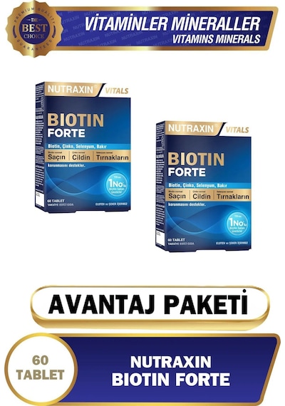 Nutraxin Biotin Forte 5.000 Mcg 60 Tbl - Biyotin, Çinko, Selenyum, Bakır 2li Avantajlı Paket