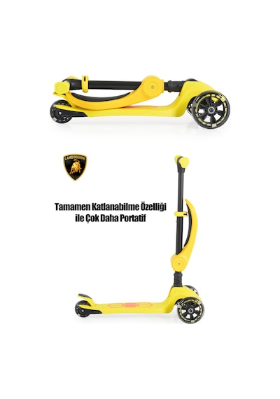 Lamborghini Lisanslı L5 2in1 Katlanabilir Oturaklı Işıklı 3 Tekerlekli Çocuk Scooter Sarı