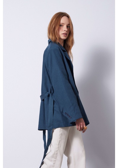 Keten Karışımlı Kuşaklı Blazer Ceket Indıgo