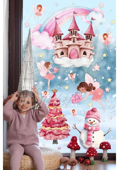 Yeni Yılın Pembe Rüyası Cam Duvar Sticker Seti, Pembe Rüya Yılbaşı Sticker Seti Yılbaşı Süsü Periler Dijital Baskı