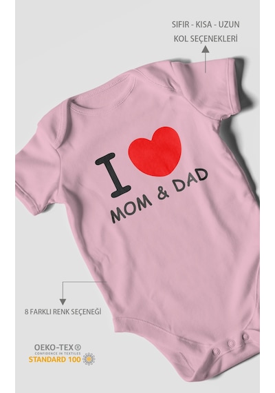 I Love Mom And Dad Baskılı Bebek Zıbını Çıtçıtlı Body %100 Pamuk Kısa Kol Koyu Pembe