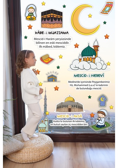 Mescid-i Aksa Mescid-i Nebevi Kabe-i Muazzama Ve Sevimli İslami Figürlerden Oluşan Eğitici Öğretici Cam Duvar Ramazan Sticker Seti Ramazan Süsü Çok Renkli