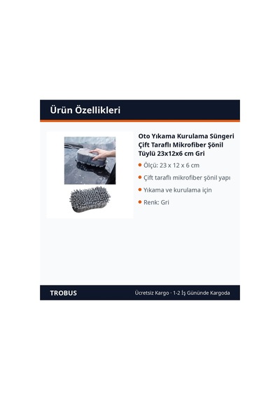 Trobus Oto Yıkama Kurulama Süngeri Çift Taraflı Mikrofiber Şönil Tüylü 23x12x6 Cm Gri