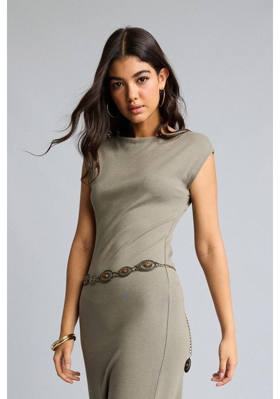 Defacto Bodycon Vücudu Saran Dik Yaka Modal Kısa Kollu Maxı Elbise H0862ax26aukh207 Haki-kh207