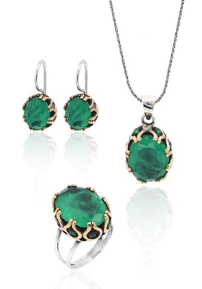 Midyat Nurtaş Gümüş Paraiba Taşlı El İşçiliği Otantik Gümüş Üçlü Set 201023381