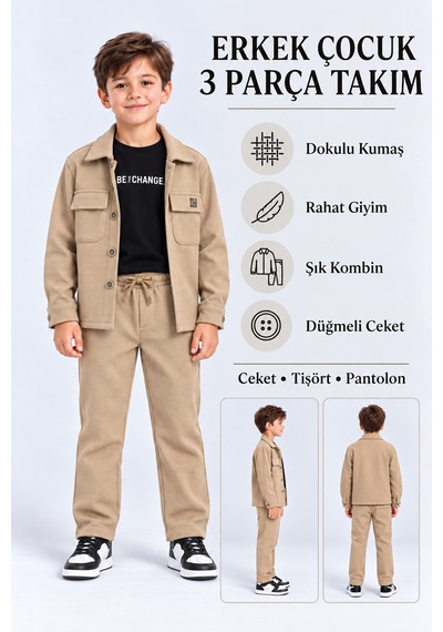 Ahengim Şık Erkek Çocuk 3 Lü Giyim Seti Ceket, Baskılı Tişört Ve Pantolon Takımı Ak6218 Bej