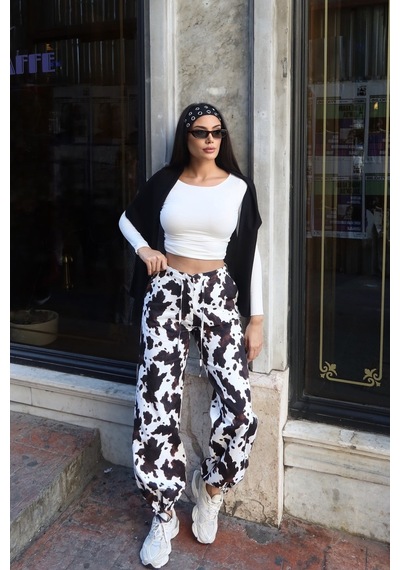 Kechi Woman Kadın Gabardin İnek Desenli Beli Lastikli Jogger Pantolon Kw3166