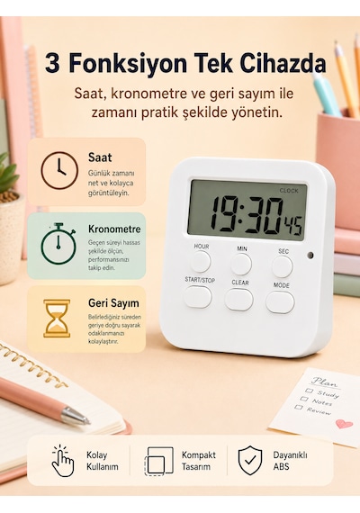 Öğrenci Ders Çalışma Saati Kronometreli Araç Saati Mutfak Buzdolabı Magnet Saat Sınavlara Hazırlık Beyaz
